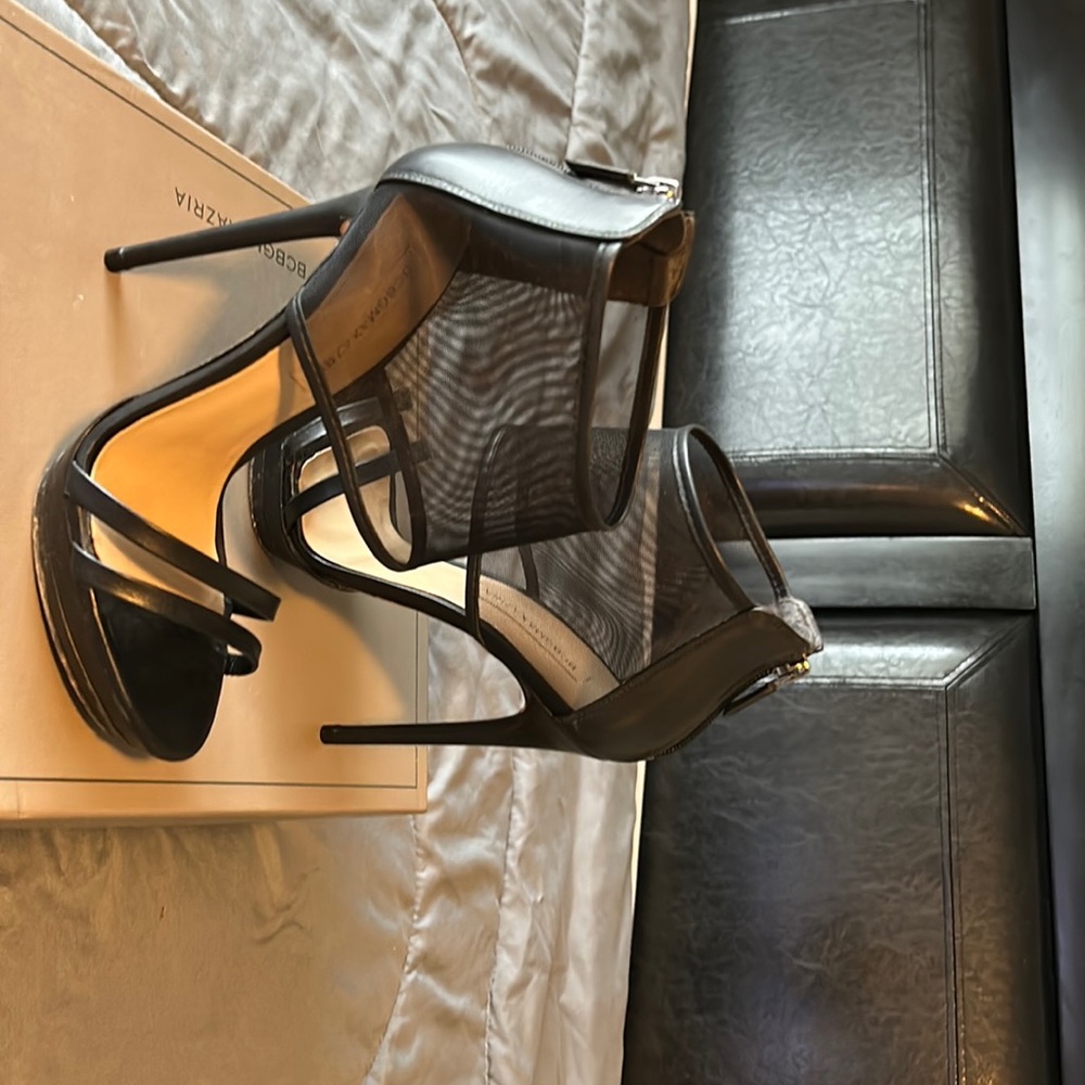 Black, high heel leather, and mesh sandals, size 8 by BCBG